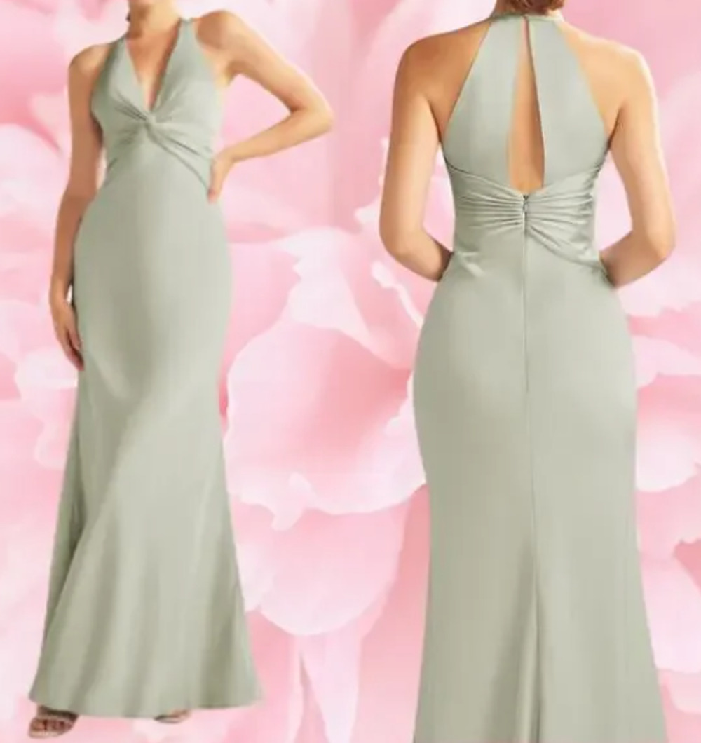 AW BRIDAL 6 S sage green Largo satin formal bridesmaid maxi dress NEW 0B14